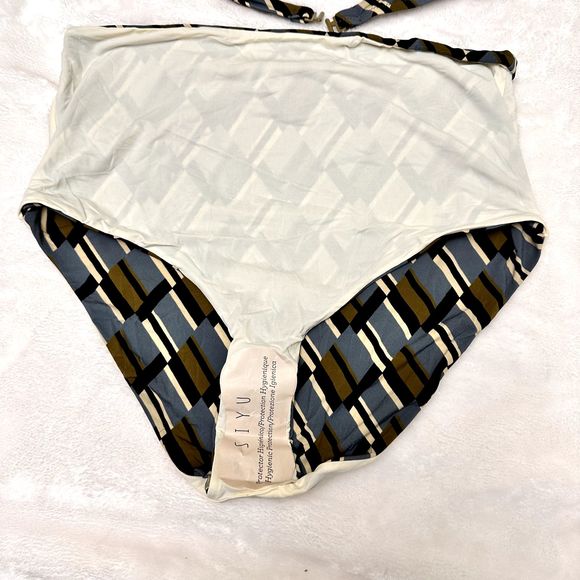 SIYU High Waist Women's Swim Set SZ 8 Clave Stale Blue Geometric Halter Top - Picture 12 of 15